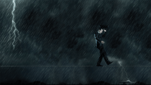 Man In Suit Walking A Tightrope In The Rain